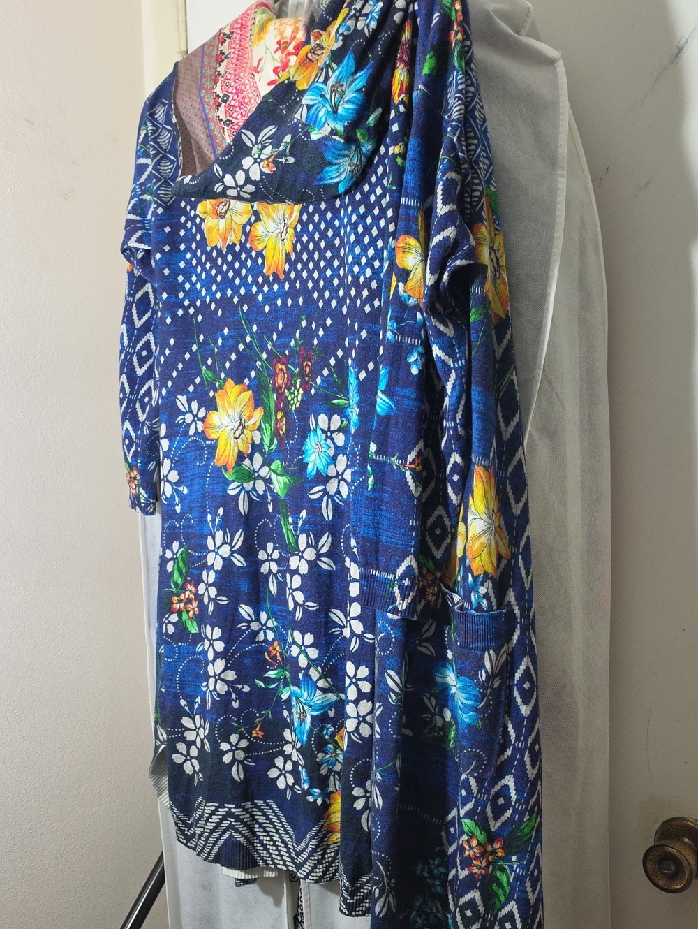 Johnny Was Navy Floral Long Sleeve Sweater with Yellow & Teal Blooms